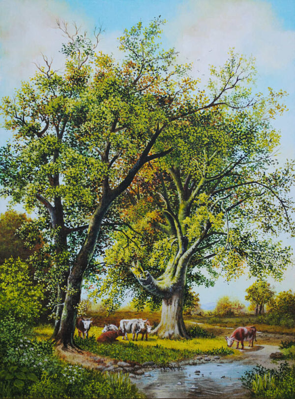 Kühe unter Bäumen an einem Tümpel nach B.C.Koekkoek
