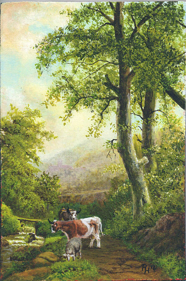 Kühe und Schaf unter Bäumen am Bach nach B.C.Koekkoek