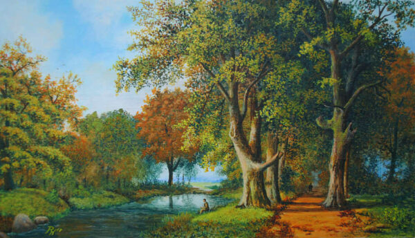 Weg unter Herbstbäumen am Fluss nach B.C.Koekkoek
