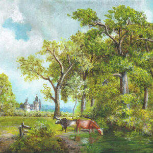 Kühe am Bach mit Bäumen und Schloss nach B.C.Koekkoek