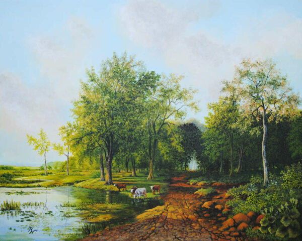 Kühe am Teich mit Waldweg nach B.C.Koekkoek