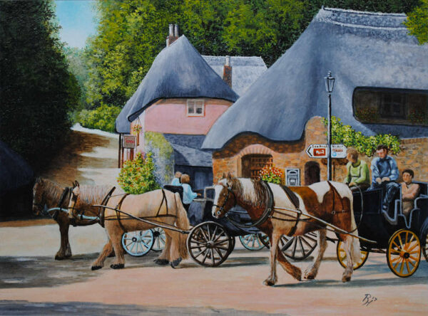 Pferdekutschen vor strohgedeckten Häusern in Cockington, Devon Acryl auf Fineart 30x40cm
