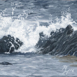 Welle kracht gegen schwarze Granitfelsen im Meer, Acryl auf Holz, 10x15cm