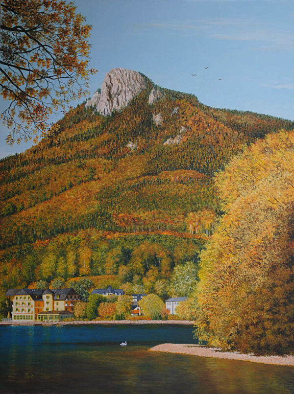 Fuschlsee mit dem Berg Schober im Herbst, Acryl auf Holz 80x60cm