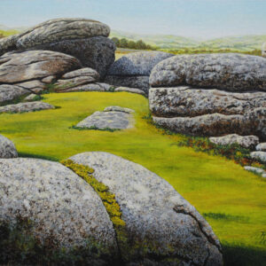 Granitfelsen in Hügellandschaft auf Dartmoor, Devon Acryl auf Holzplatte 30x40cm