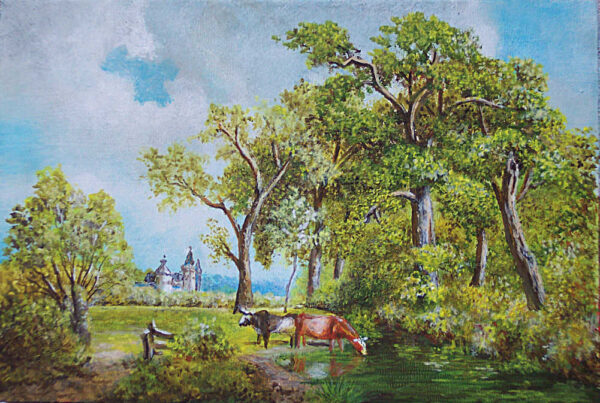 Kühe am Bach unter Bäumen mit Schloss im Hintergrund, Acryl auf Holz 40x50cm