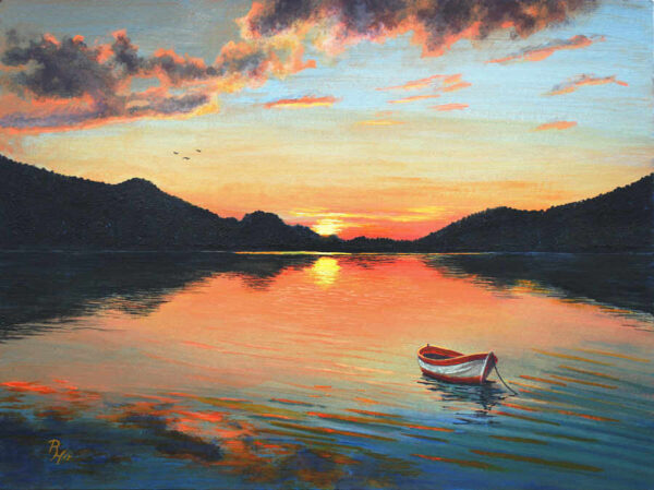 Sonnenuntergang am Fuschlsee mit Ruderboot, Acryl auf Fineart 30x40cm