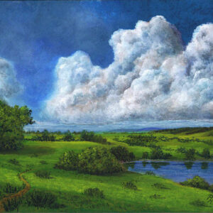 Riesige Wolkenformation über weiter Landschaft am See; Acryl auf Holz 18x24cm