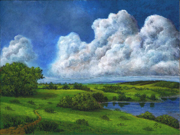Riesige Wolkenformation über weiter Landschaft am See; Acryl auf Holz 18x24cm