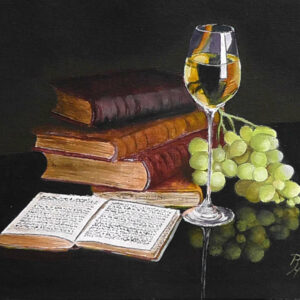 Stillleben mit Weinglas, Büchern und Weintrauben