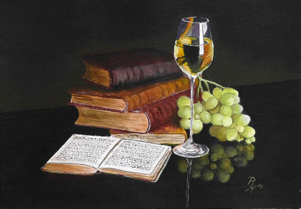 Stillleben mit Weinglas, Büchern und Weintrauben