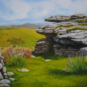 Felsen in Hügellandschaft auf Dartmoor, Acryl auf Holzplatte 30x40cm auf 40x50 Panel