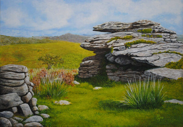 Felsen in Hügellandschaft auf Dartmoor, Acryl auf Holzplatte 30x40cm auf 40x50 Panel