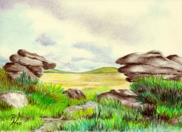 Farbzeichnung mit Felsen auf Dartmoor in Devon