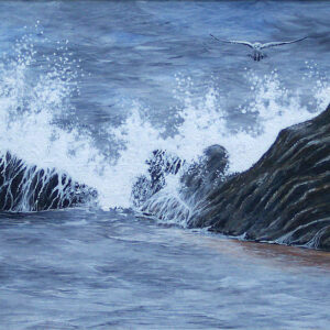 Welle trifft auf schwarze Granitfelsen im Meer, Acryl auf Fineart, 30x46cm
