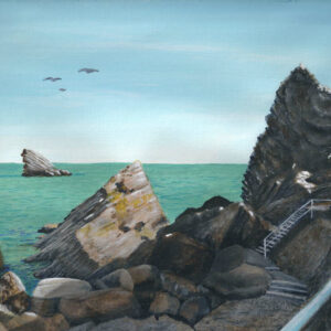 Felsen ragen aus ruhigem Meerwasser hinter Metallbrüstung, Acryl auf Hahnemühle, 20x30cm