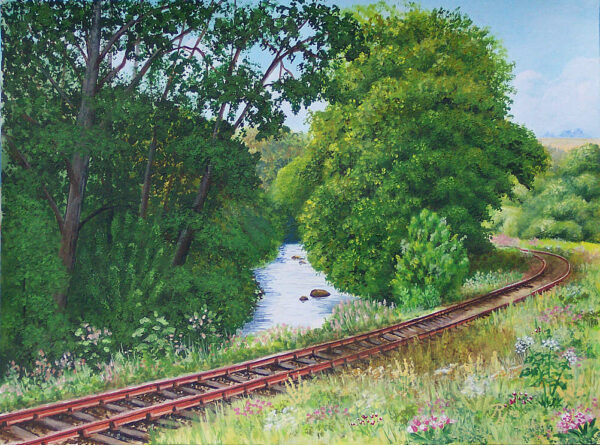 Eisenbahnschienen an Flussbiegung mit Bäumen und Sträuchern, Acryl auf Fineart Papier, 30x40cm