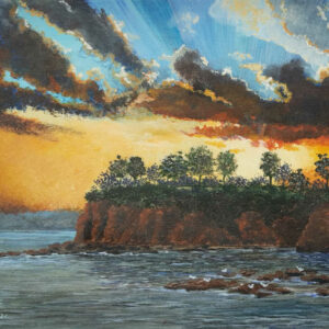 Sonnenuntergang mit felsiger Landszunge am Meer, 18x24, Acryl auf Holz