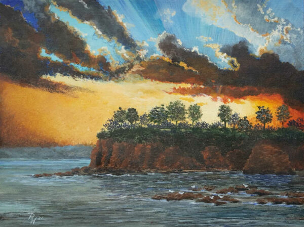 Sonnenuntergang mit felsiger Landszunge am Meer, 18x24, Acryl auf Holz